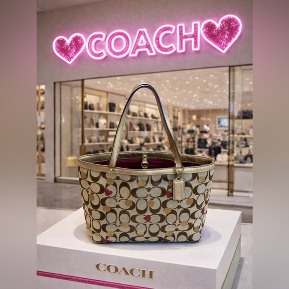 Coach Handbags - Coach Gold and Brown Hearts Jacquard & Leather Signature Tote Bag